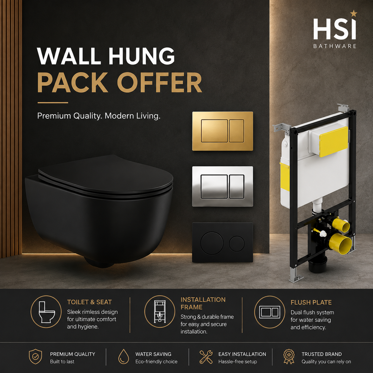 Wall Hung Black Toilet, Frame & Button Pack image 5