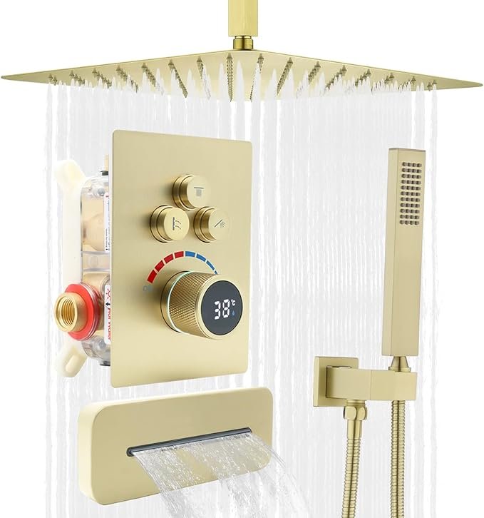 3 Way Outlets Digital Display Valve Shower Set,16 Inch Ceiling Mounted  Brushed Gold