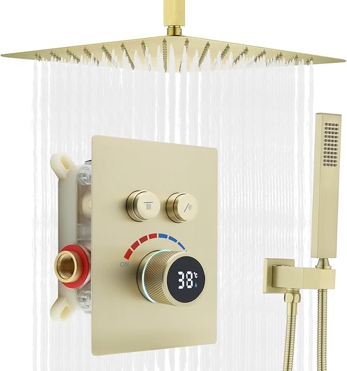 16 Inch Ceiling Mounted Shower Mixer Set, 2 Functions Rain Shower System with Concealed LED Digital Display，Brushed Go