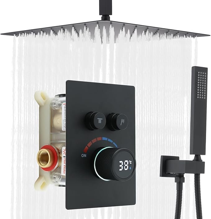 16 Inch Ceiling Mounted Shower Mixer Set, 2 Functions Rain Shower System with Concealed LED Digital Display Black