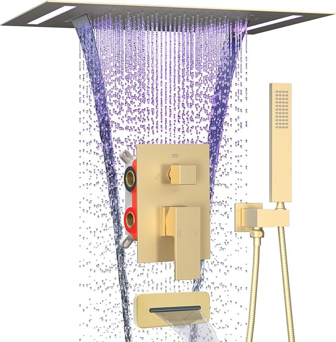 GETSHOWERSET Rain Shower System with Tub Spout, 2 in 1 Functions Ceiling Mount 14x20inch LED Shower Head with Handheld, Rainfall Shower Faucet Set, Brushed Gold