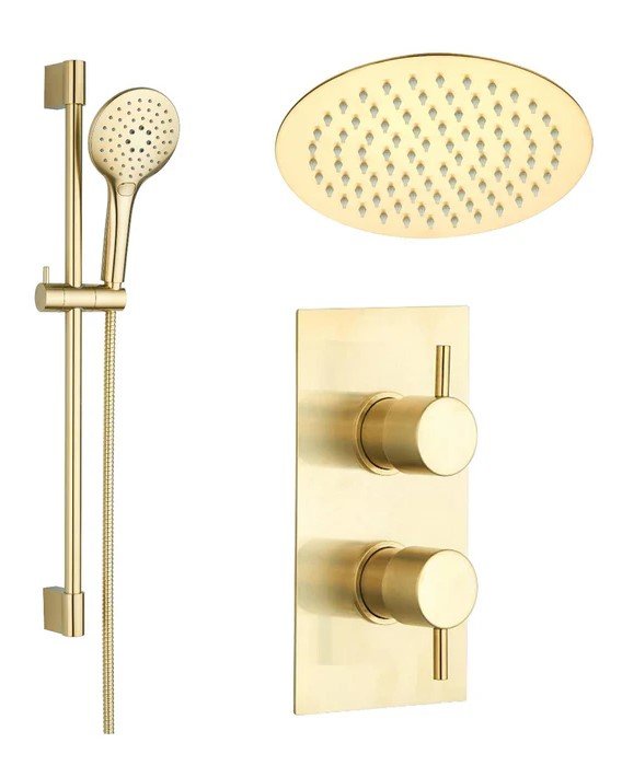 Concealed Brushed Brass Shower Valve with Rail, Hose & Head